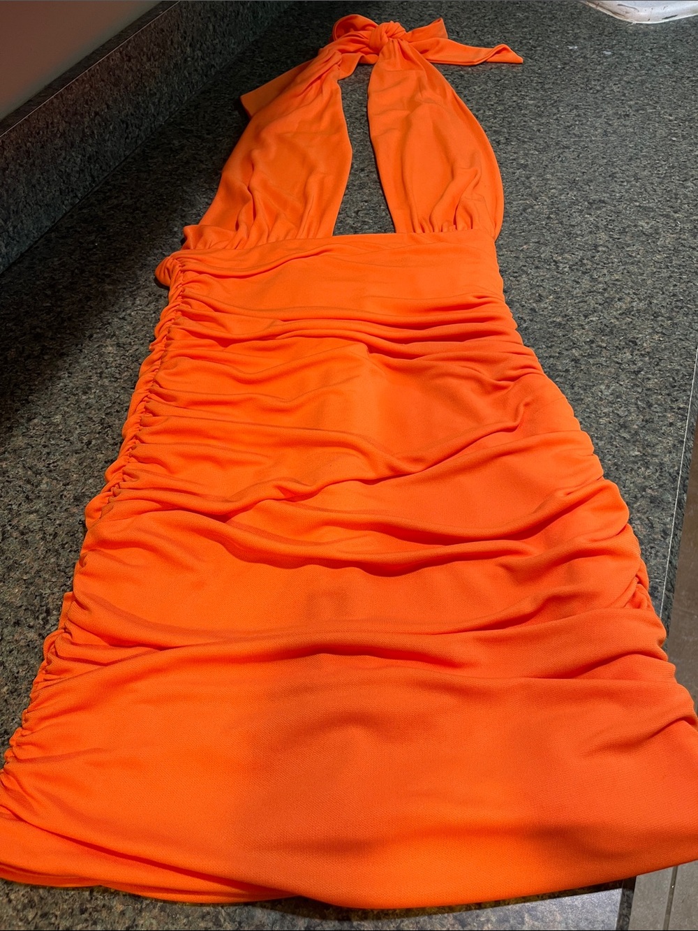 Vibrant Orange Halter Ruched Mini Dress